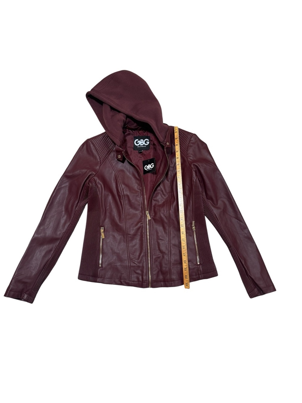 GBG Los Angeles NWT Faux Leather Hooded Moto Jacket Burgundy Women’s Large - Picture 4 of 12